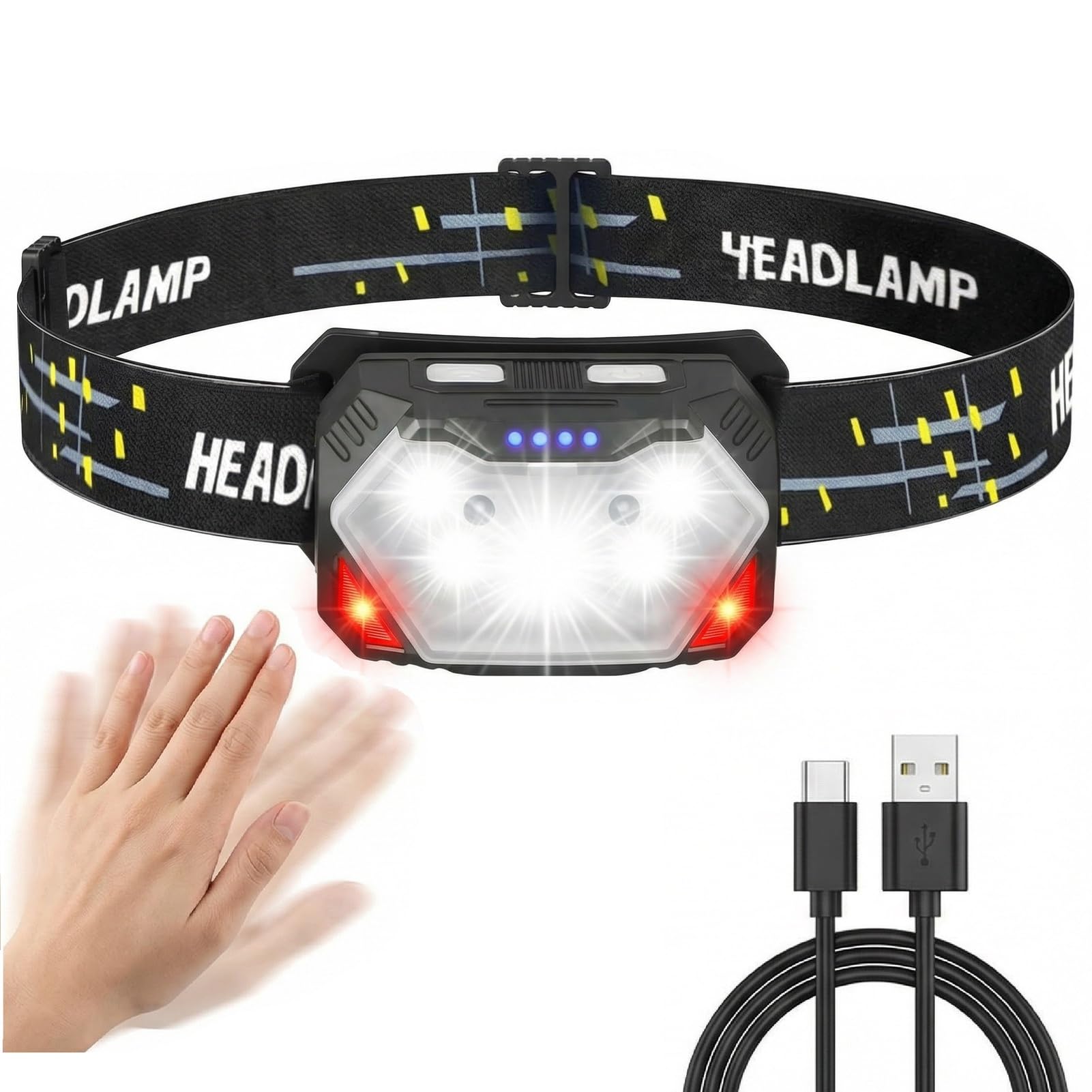 Head Torch Rechargeable, Super Bright 9 LED Headlamp with Sensor Control and 8 Lighting Modes Waterproof Adjustable Running Headlight with Red Warning Light for Emergency Fishing Hiking Outdoor