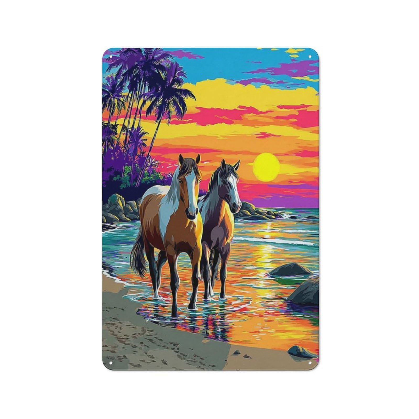Junmoney Beach Sunset Horses Art Print Metal Wall Sign With Design 30X20cm, Loft Style Studio Wall Art For Flat, Bar, Studio Or Gallery Wall