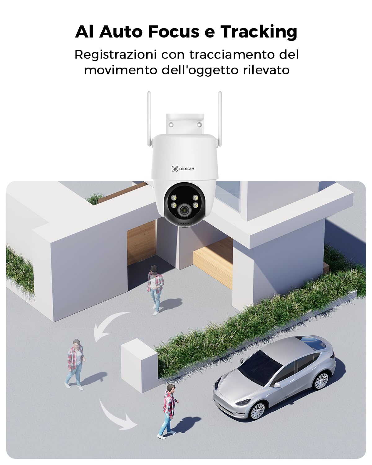 COCOCAM 24/7 Registrazione AOV Telecamera Wi-Fi Esterno Senza Fili | Solare con Batteria 10000mAh Pannello Solare 8W, 2K PTZ, Rilevamento AI, Tracking AI, Visione Notturna 30 Metri, IP66
