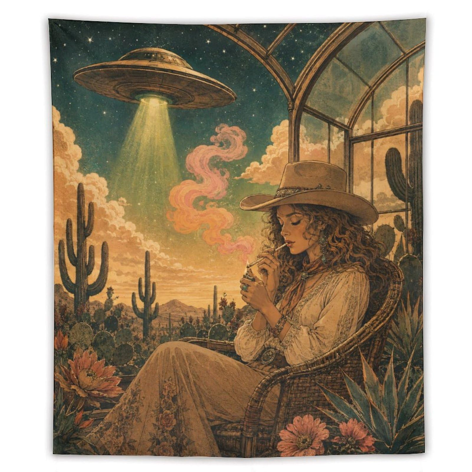 H3B8U2Y5 UFO Cowgirl Cactus Garden Wall Tapestry, Surrealist, Surreal Sky