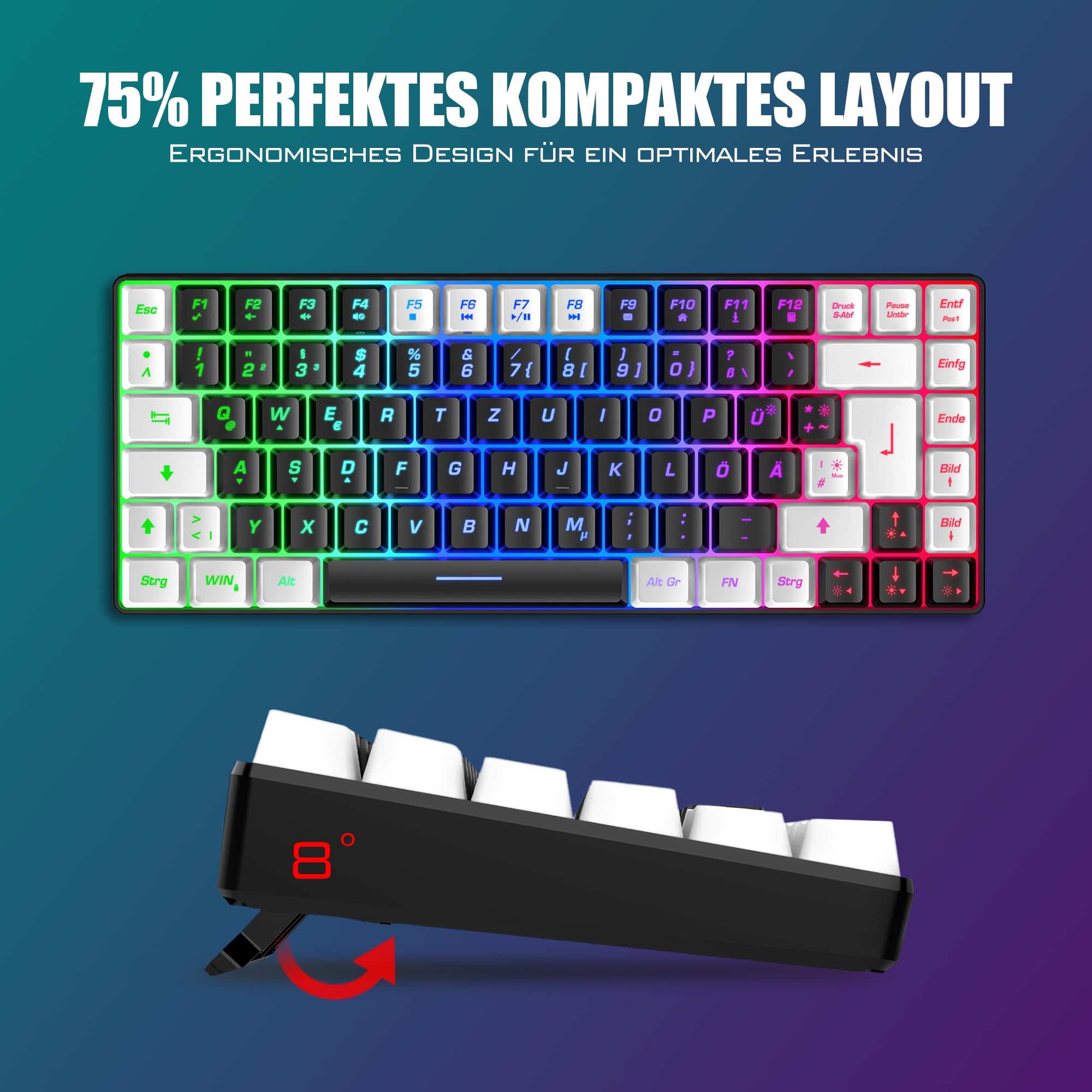 RedThunder K84 Clavier et souris de jeu sans fil QWERTZ DE, rechargeable, compact, ultra-léger Construction Honeycomb pour PC, Mac, PS5, Xbox (version noir et blanc 2024)