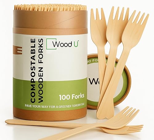 Miniatura 1 de Tenedores de madera desechables  100% naturales, ecológicos, biodegradables y compostables  Paquete de 100 tenedores y cubiertos de 6.5 pulgadas