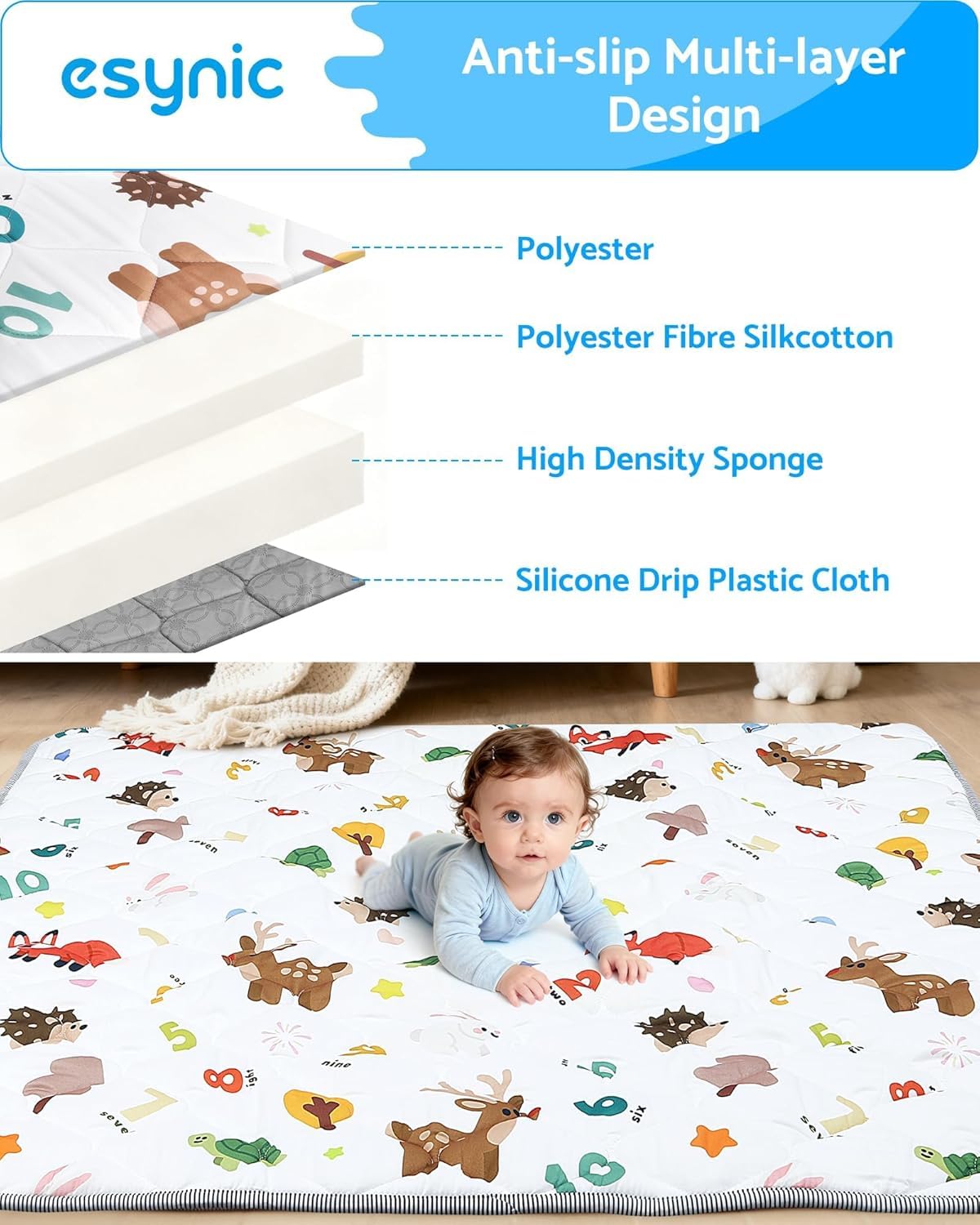 eSynic Foldable Baby Play Mat 150×150cm Sichere Krabbelmatte Rutschfeste Krabbelmatte für Babys 6-12 Monate & Kleinkinder Waschbar & Tragbar Spielmatte mit Tier-& Zahlenmotiven Indoor & Outdoor