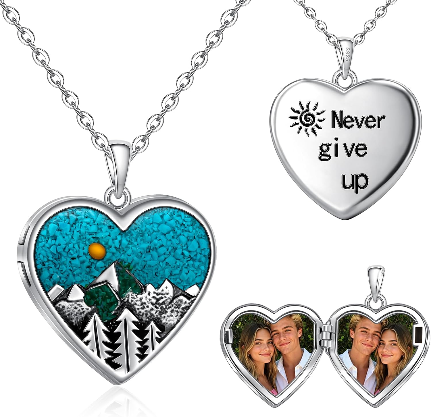Fenthring Heart Silver Locket Necklace Mountainthat Holds Pictures Photo 925 Sterling Silver Engraved Never Give Up Lockets Pendant 20"