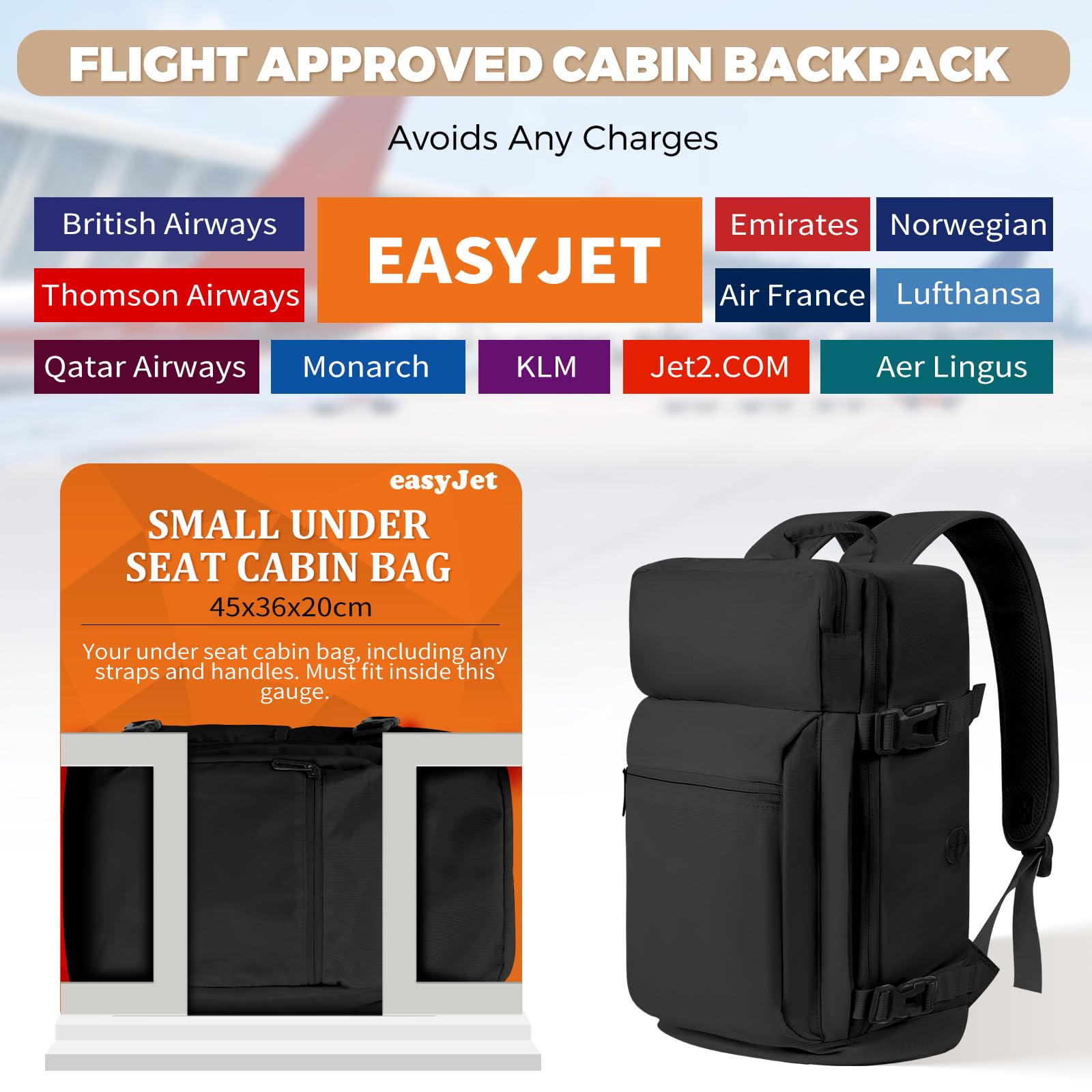 Gluckstar Zaino per Easyjet 45x36x20 Zaino da Viaggio Bagaglio a Mano,30L Borsa da Valigia Zaino da Viaggio Aereo Cabina, 17 Pollici Zaino Porta Pc Zainetto Donna Uomo Travel Backpack Grande Nero