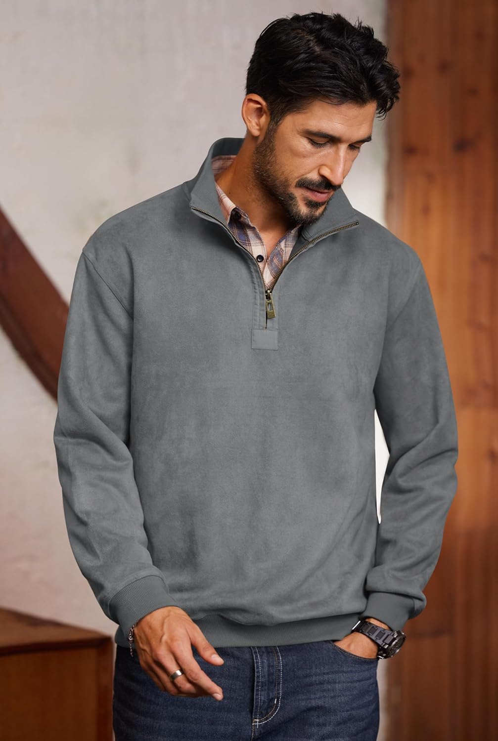 Mens Western Quarter Zip Pullover Midweight Mock Neck Suede Fabric Casual Sweatshirts (S-XXL) - Image 3