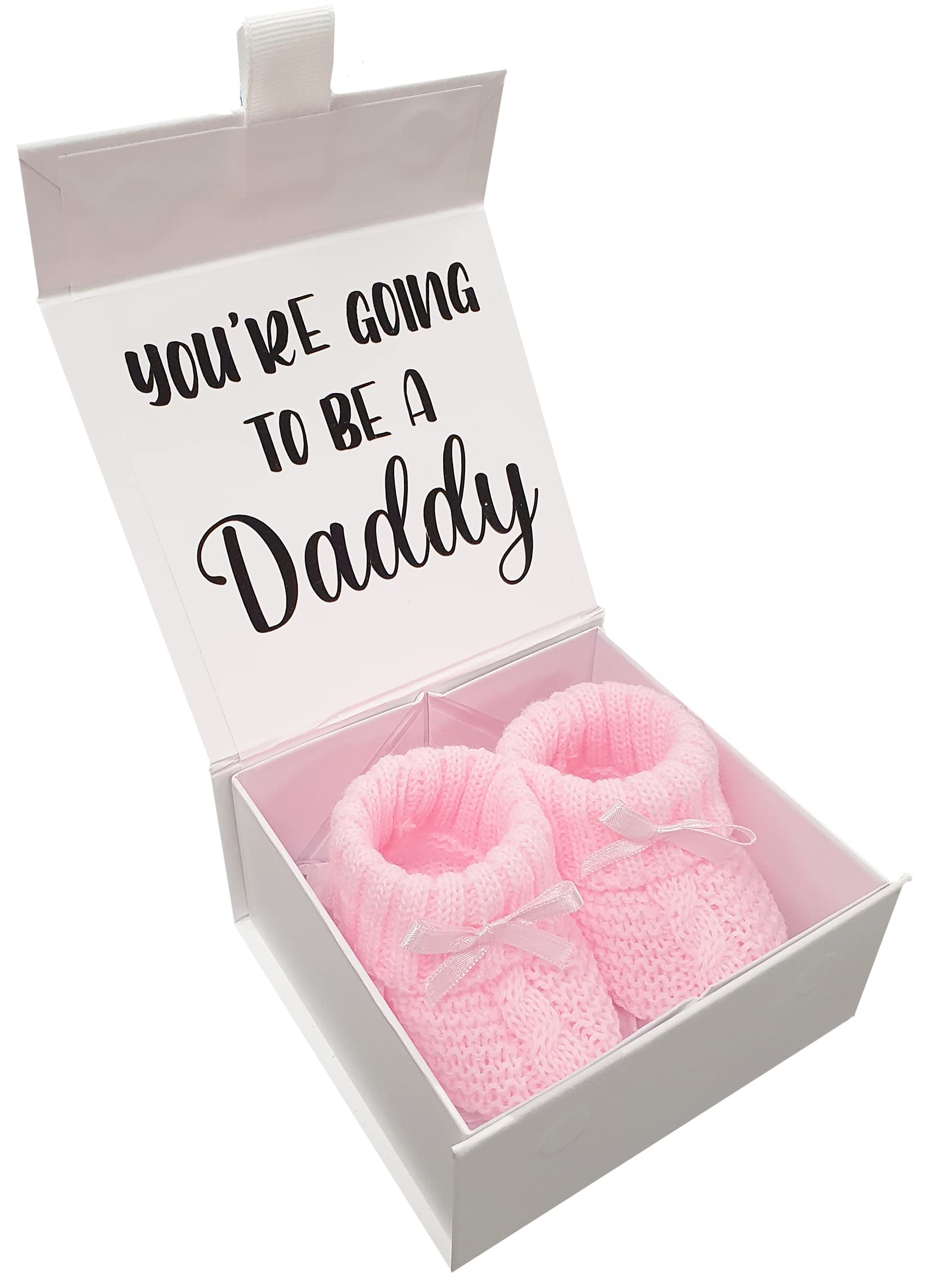 Personalised Baby Reveal Booties Gift Box You're Going to be a Daddy Grandparents (Pink Booties & Box)