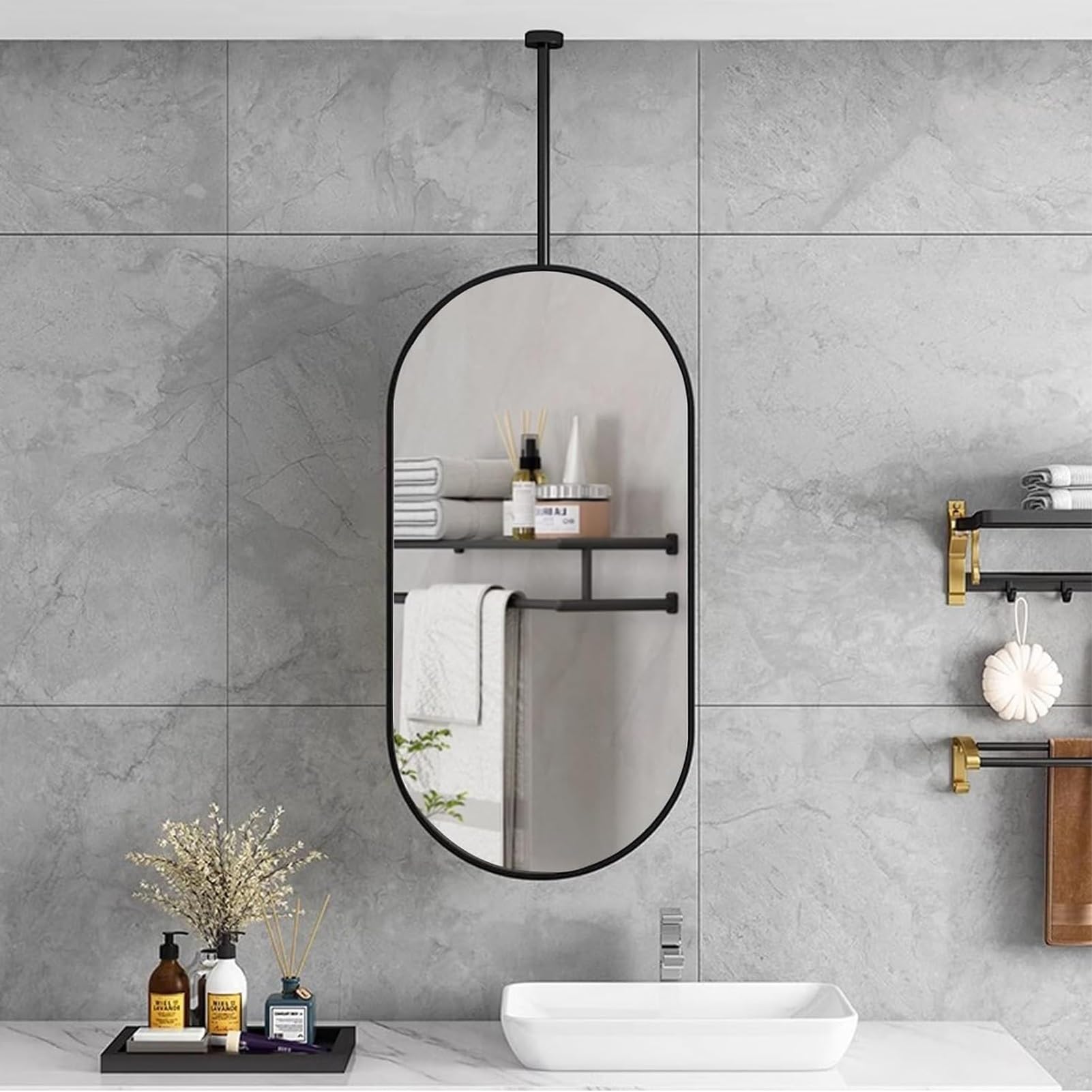 FGXHHS for Wall Oval Ceiling/Hanging/Floating Vanity with Black Metal Framed Decor HD Mirrors - Customizable Ceiling Rod (Size : 40cmx60cm)