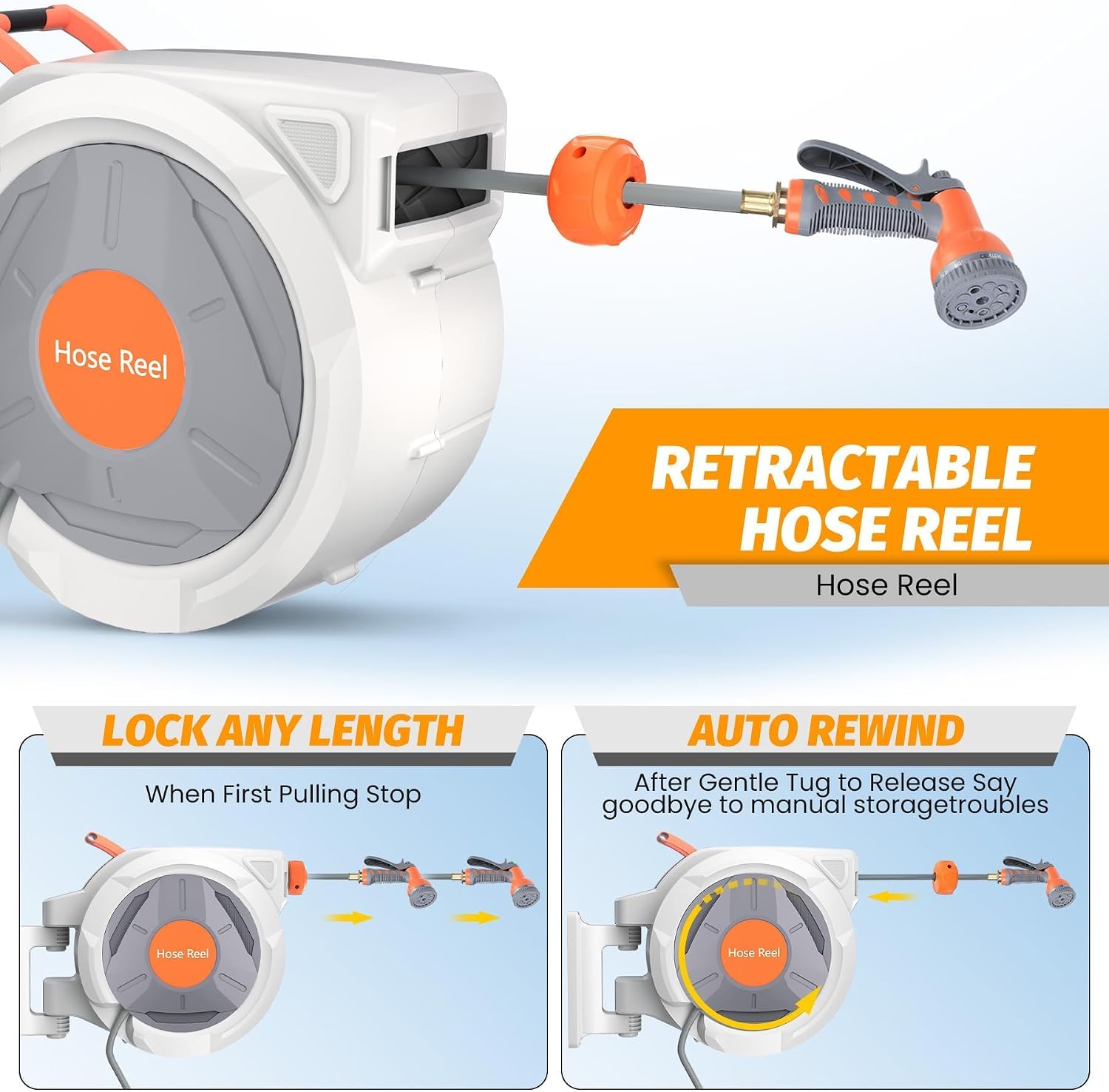 Retractable Garden Hose Reel, 5/8" x 100 ft, Wall Mounted Hose Reel with 9-Pattern Spray Nozzle and 180° Swivel Bracket, Tangle-Free Outdoor Hose Reel for Garden Watering
