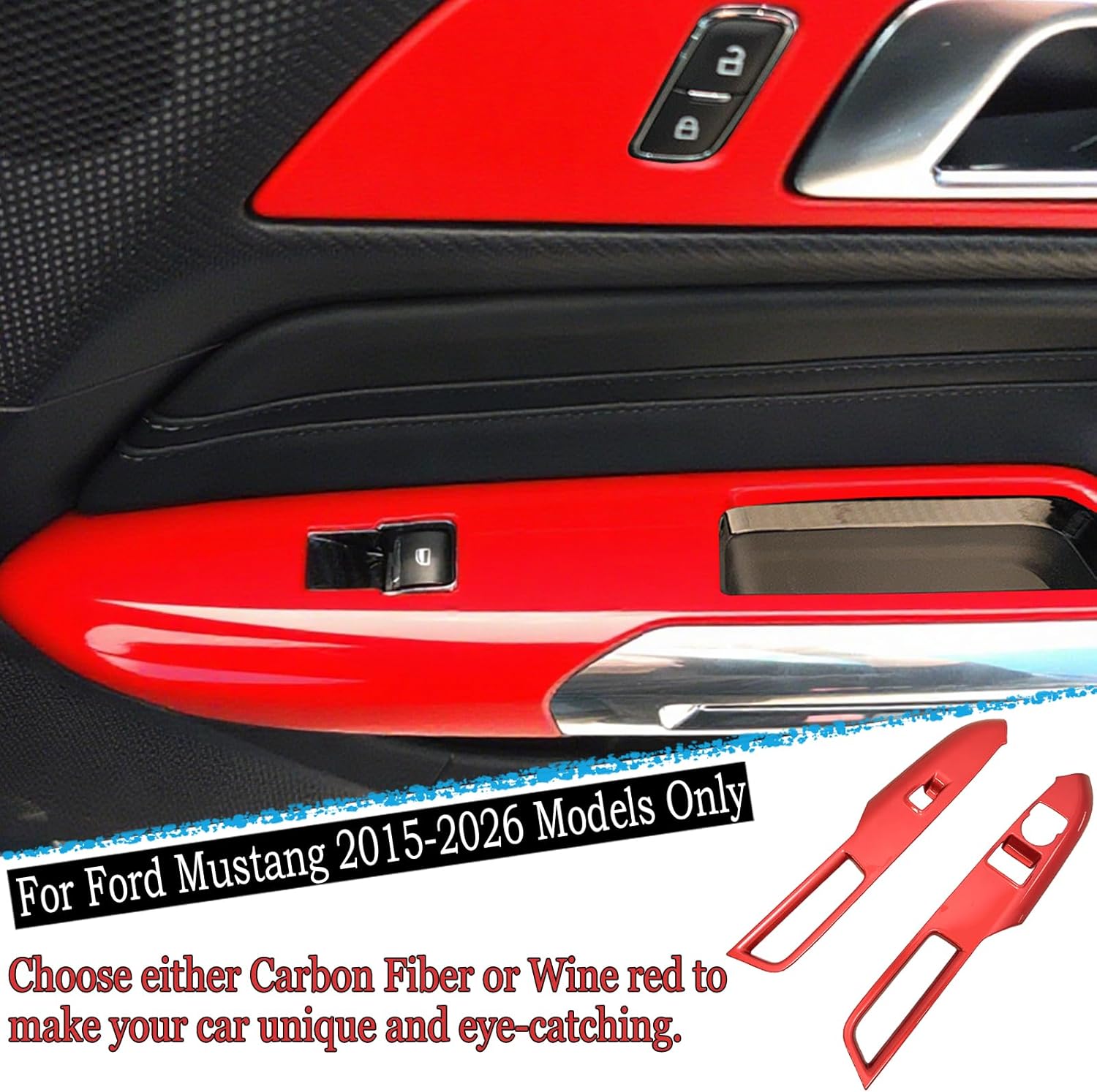 Armrest Window Switch Panel Cover，for Ford Mustang 2015-2026，Door Window Control Panel Cover Car Sport Interior Accessories - Wine Red