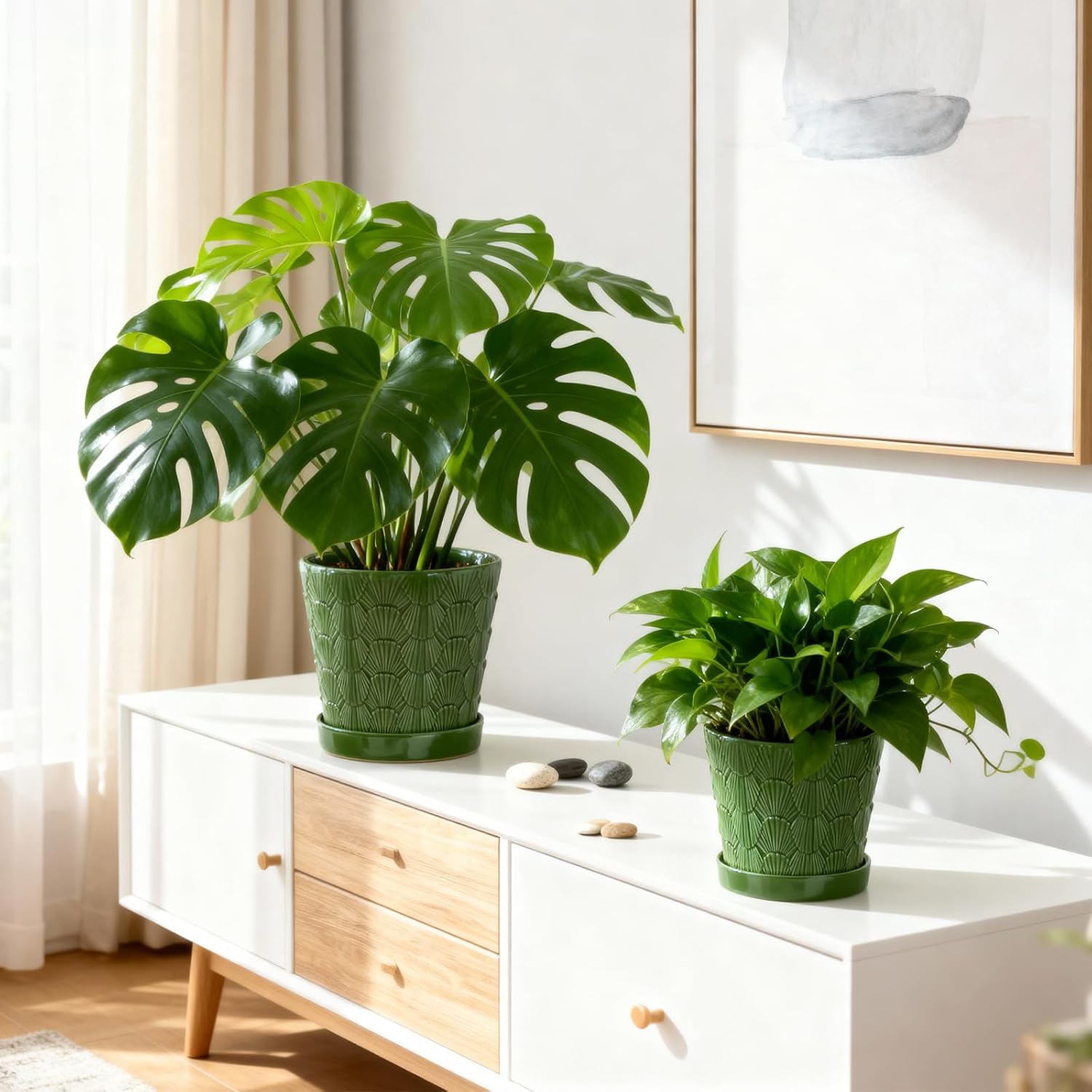 Ceramic Plant Pot,5 6 Inch Flower Pots with Drainage Hole&Tray,Ceramic Planter for Succulents Cactus,Indoor/Outdoor Pot for Plants,Set of 2- Patina