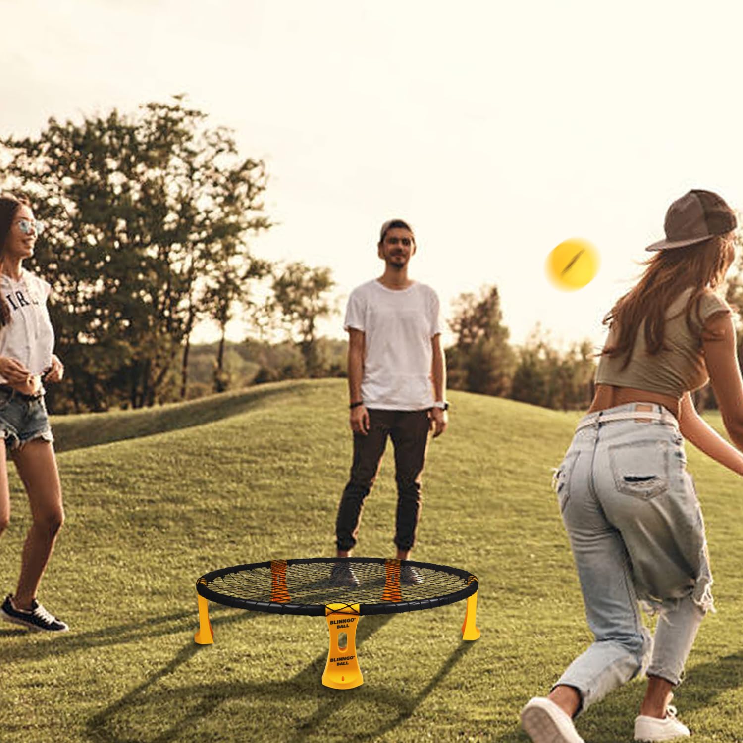 Ensemble de jeux d'extérieur Roundnet avec lumières, 3 balles, filet de jeu, filet de compétition, sac, pompe
