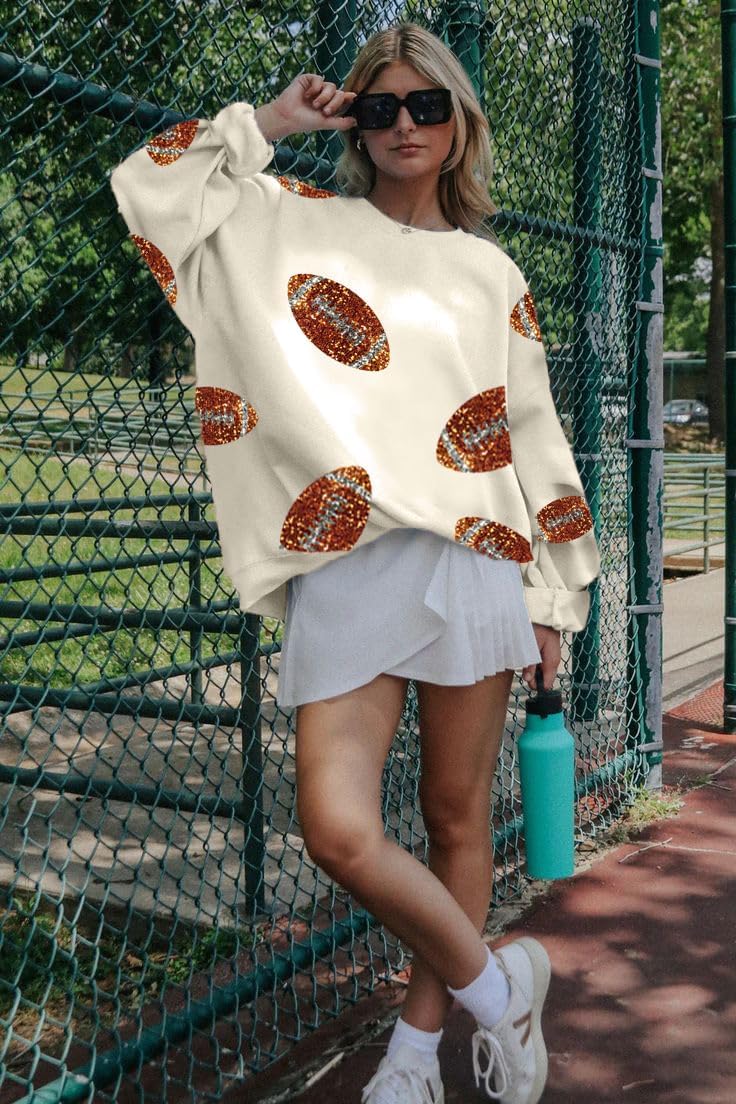 Women Sequin Football Sweatshirt Oversized Game Day Sweatshirt Rugby Fall Graphic Crewneck Pullover Tops - Image 3