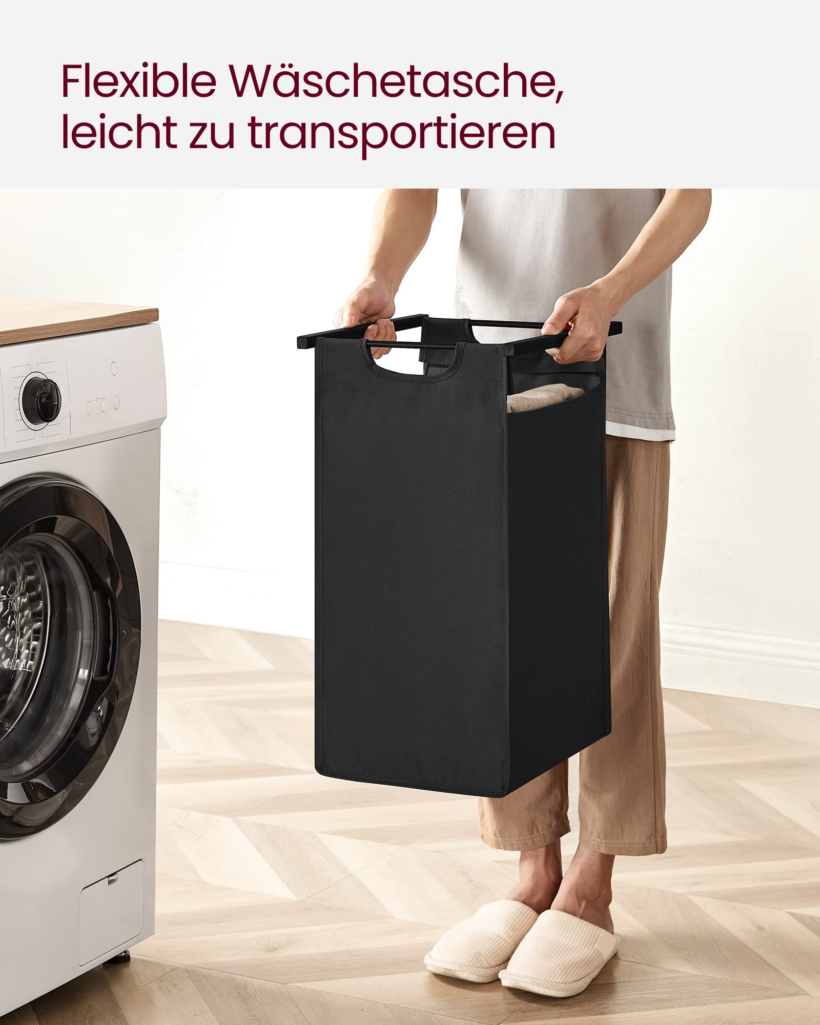 VASAGLE Wäschekorb 2 Fächer, Wäschesammler mit Ablage, Wäschebox, Wäschesack aus Oxford-Gewebe abnehmbar, Metallrahmen, 2 x 46 L, 73 x 33 x 72 cm, tintenschwarz-vintagebraun BLH201B01