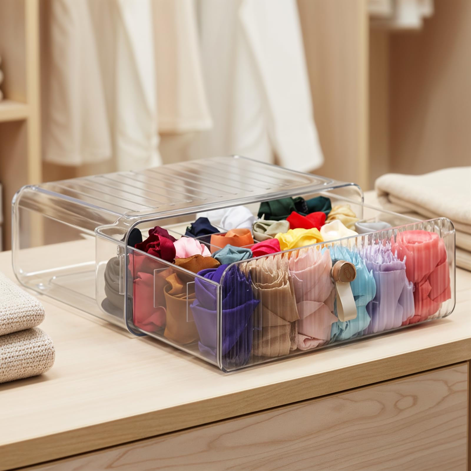 Photo 1 of ***It does not come with the dividers***.Dimeho 24 Cell Plastic Sock Organizer Underwear Drawer Organizer Acrylic Stackable Storage Drawer Underwear Storage Box with Dividers for Panties Closet Bra Baby Clothes Belts Ties Scarf