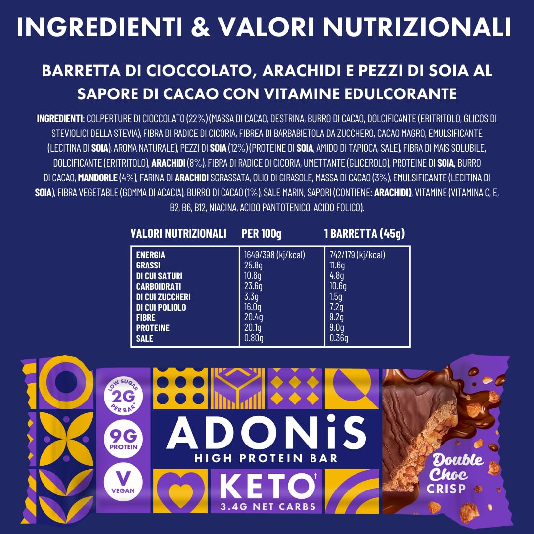 Barrette Keto Adonis Caramello e Arachidi – 16 x 45g | Barrette proteiche a basso contenuto di carboidrati | 9g di proteine, 2g di zucchero (Doppio Cioccolato Croccante)