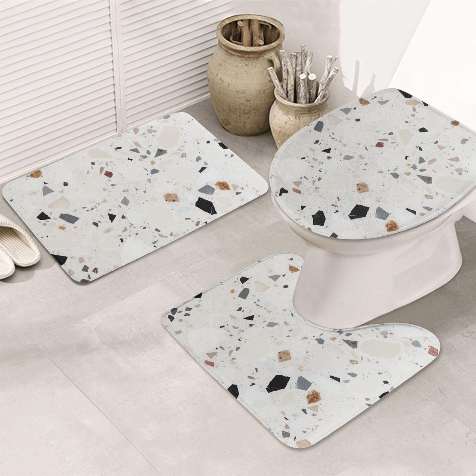 Tapis de douche absorbant terrazzo blanc contre le sol froid de salle de bain et WC