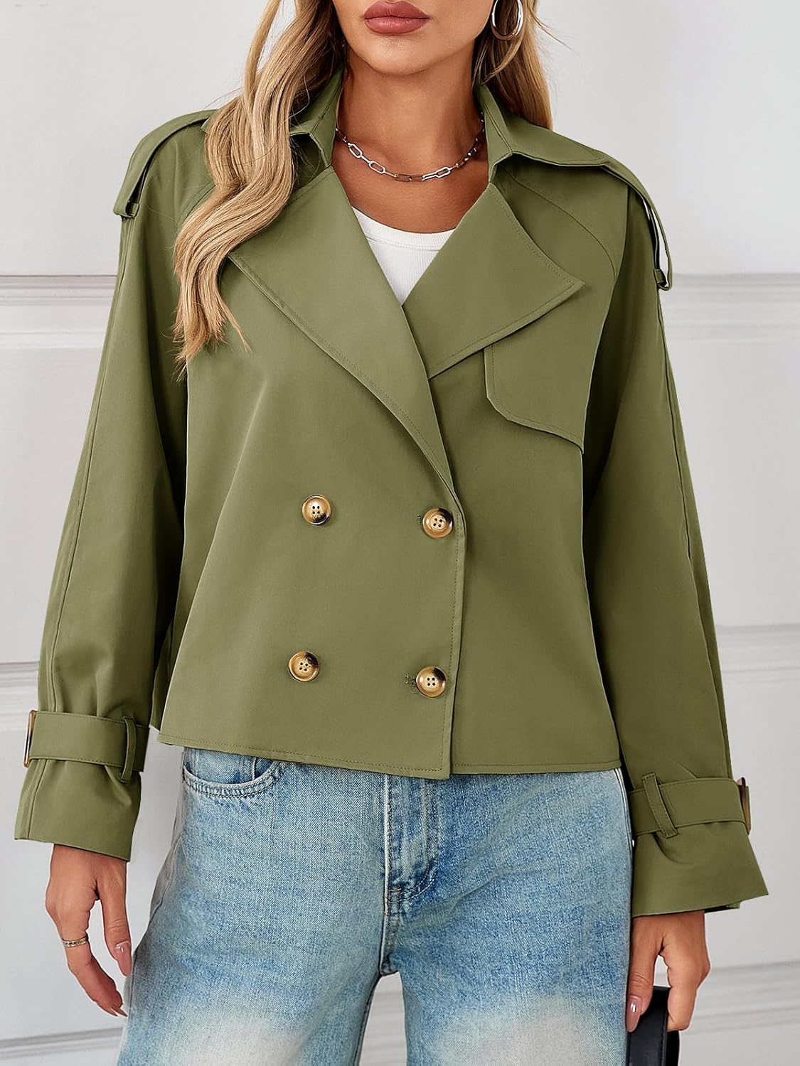 Tankaneo Womens Cropped Trench Coat Oversized Double Breasted Lapel Long Sleeve Short Jacket Fashion Outerwear - Image 5