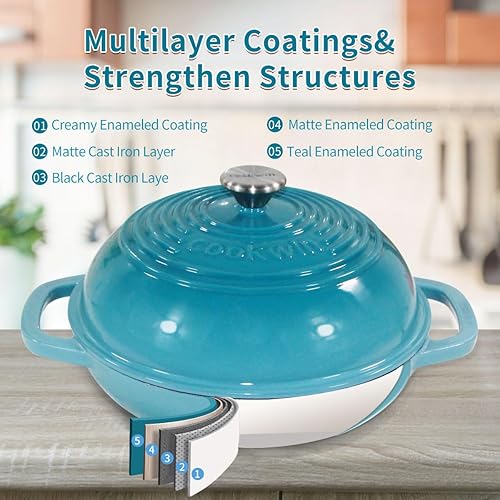Miniatura 5 de Pan de hierro fundido esmaltado con tapa, sartenes de pan de 11 pulgadas para pan casero, horno de pan de 6 cuartos de galón, horno holandés para