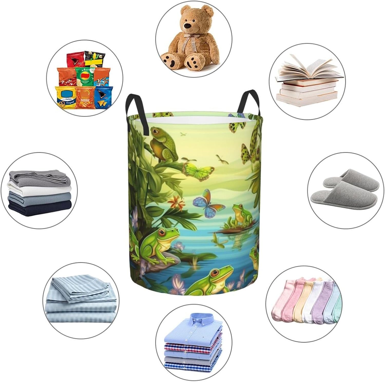 Frogs Sing Laundry Basket With Handles, Foldable Laundry Hamper Oxford Cloth Dirty Clothes Basket Waterproof Clothes Toys Storage Bin Organizer for Bedroom Bathroom Dorm
