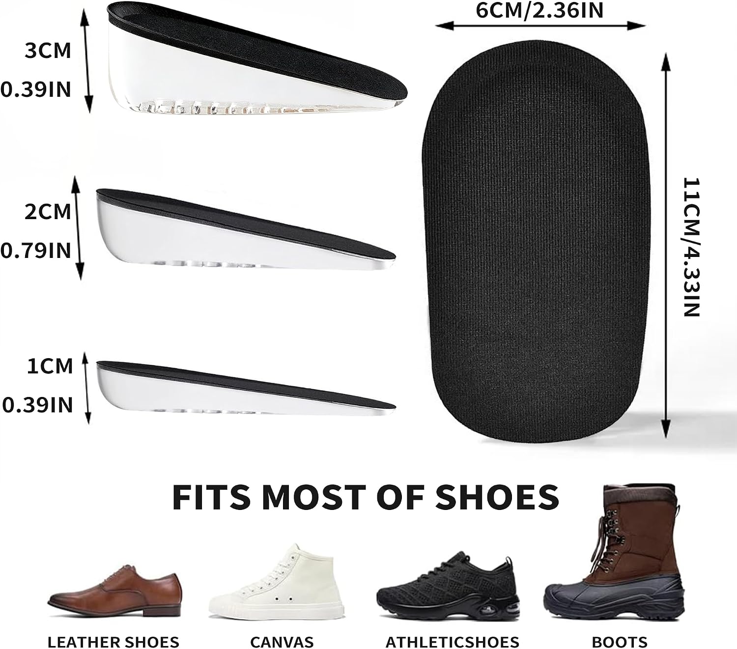Height Lift Shoes Inserts for Men Women,Gel Height Increase Insoles for Leg Length Discrepancies, Heel Lifts for Heel Pain Heel Spur-Heel Wedge Inserts Pads (Black, S（Heel Height: 2cm/0.79inch）)