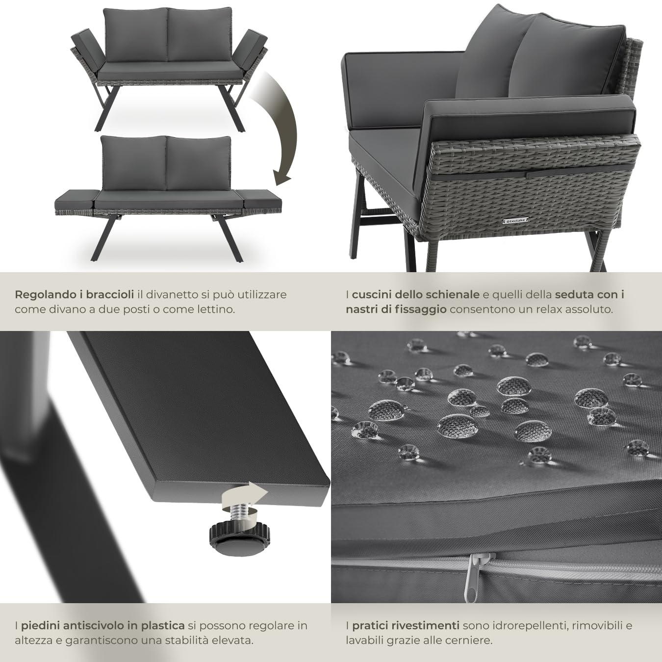 tectake® Divano Lounge in Rattan, 2 in 1, Braccioli Pieghevoli, Cuscini Morbidi, Imbottitura Spessa, Sofà in Polyrattan Resistente, Fodere Idrorepellenti, Arredamento Esterno e Interno - Grigio