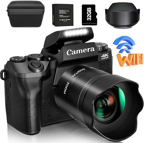 Saneen Cámara digital, cámaras 4K para fotografía y video, cámara de vlogging con pantalla táctil WiFi de 64 MP para YouTube con Flash, tarjeta SD