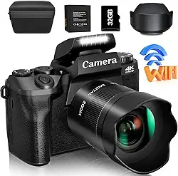 Saneen Digital Camera, 4k Cameras for Photography & Video, 64MP WiFi Touch Screen Vlogging Camera for YouTube with Flash, 32GB Card, Lens Hood, 3000mAH Battery, Front and Rear Cameras -
