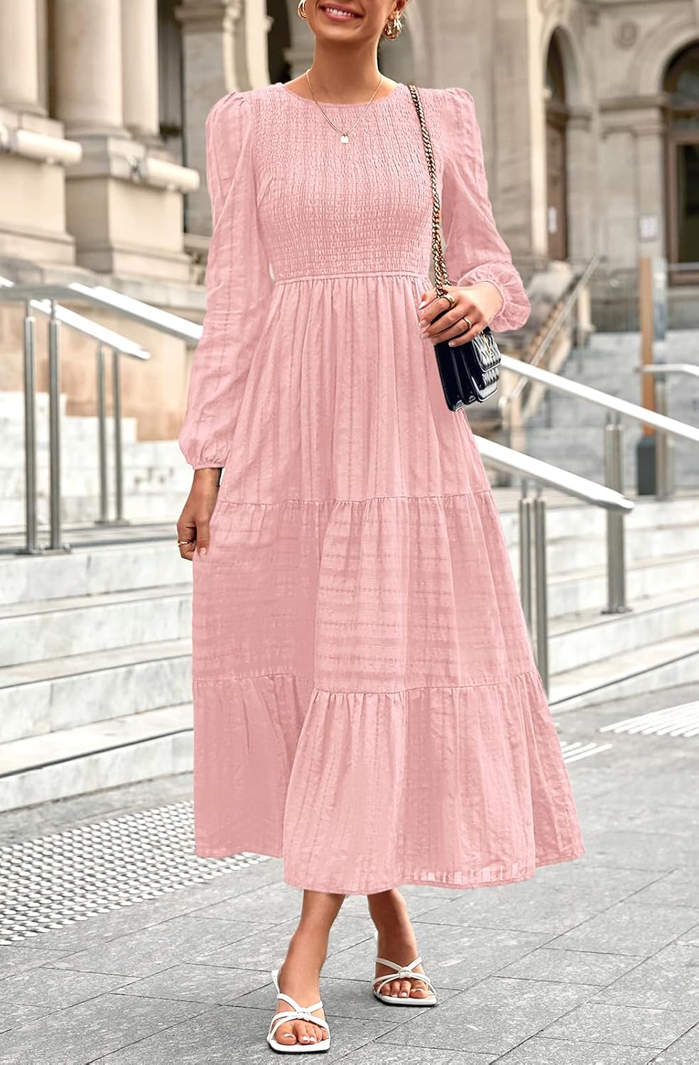 PRETTYGARDEN Womens Long Sleeve Fall Dresses Casual Crew Neck Smocked High Waist Tiered Flowy Maxi Dress with Pockets - Image 5