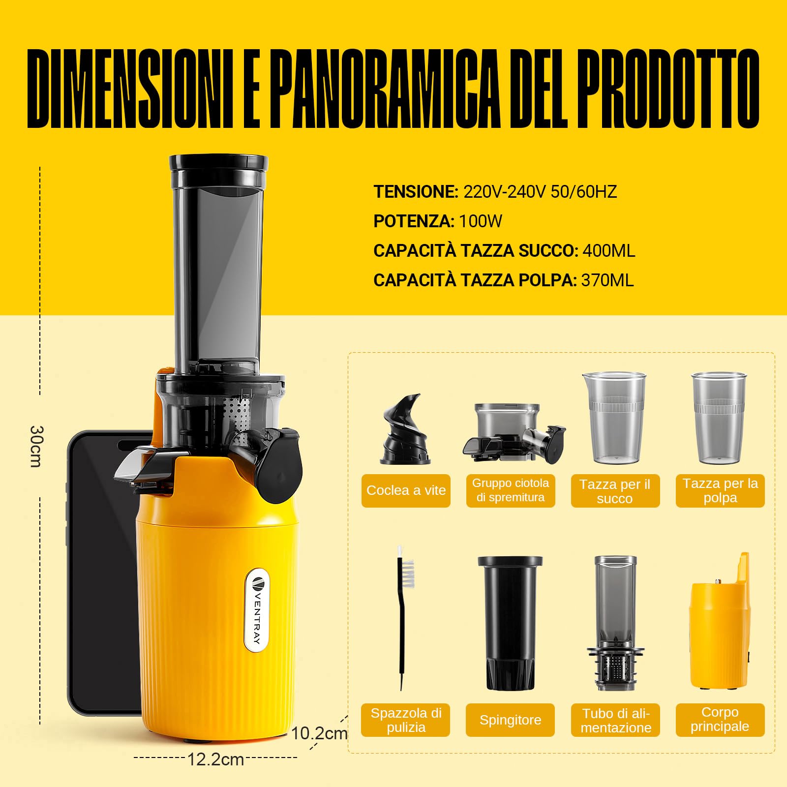 Ventray Ginnie Estrattore Frutta e Verdura - Slow Juicer 60 Giri/Min- Estrattore di Succo con Funzione di Masticazione Inversa, Facile da Pulire, Senza BPA, Cold Press, Spremiagrumi Elettrico, Giallo