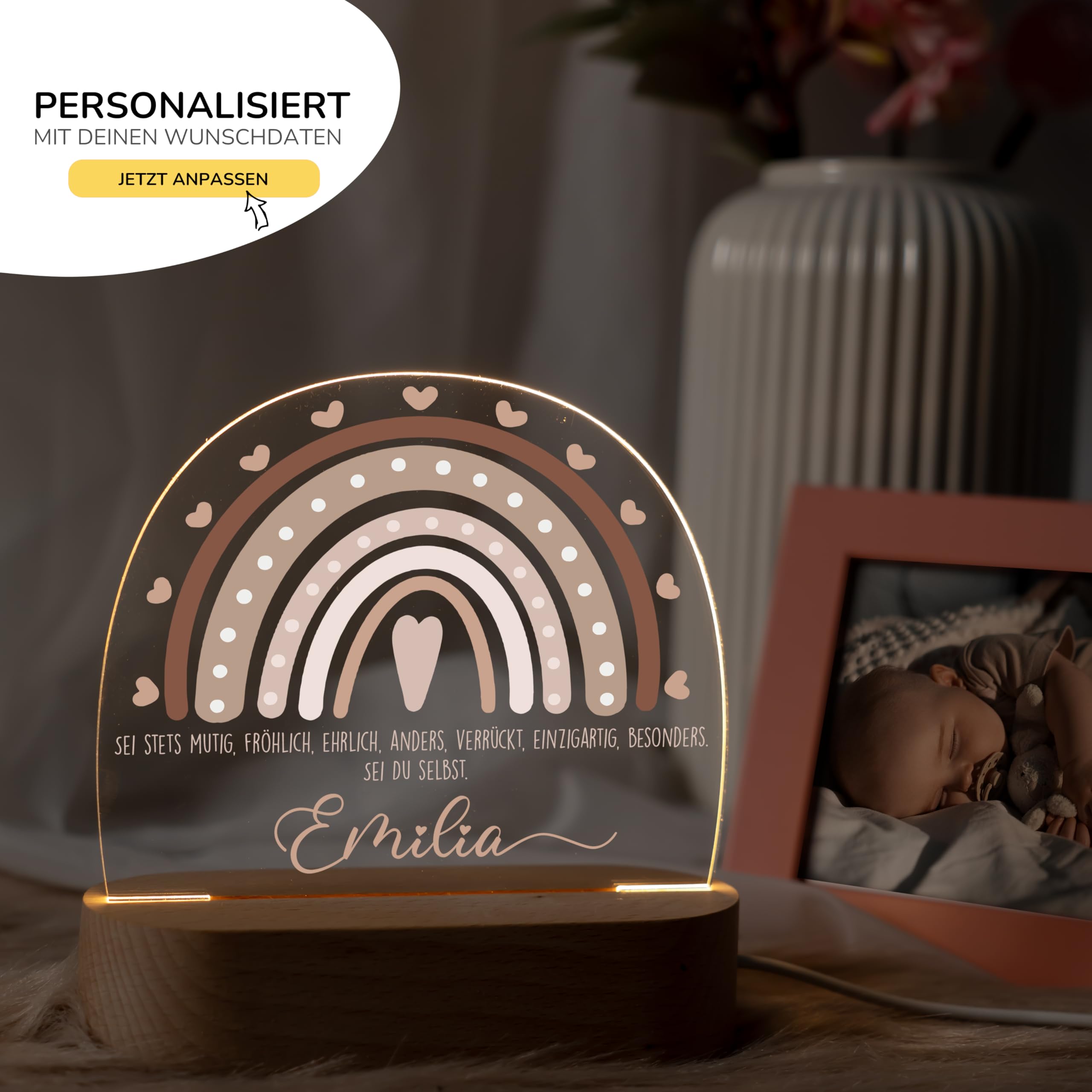 Kidsmood Personalisiertes Nachtlicht Baby mit Namen - Stilllicht Kinder LED, dimmbar, Holz - Babygeschenk Geburt, Taufgeschenk Mädchen Jungen, Kinderzimmer Lampe & Schlummerlicht [Regenbogen Beige]