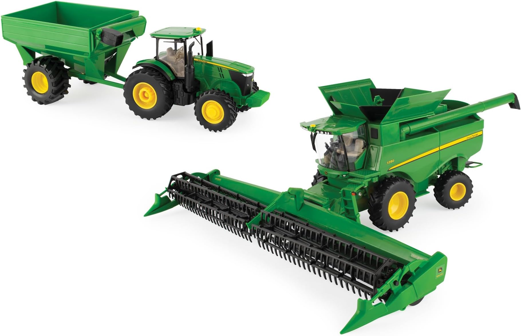 John Deere 1/32 Scale S780 Combine with Grain Head 7290R Tractor Grain Cart Set