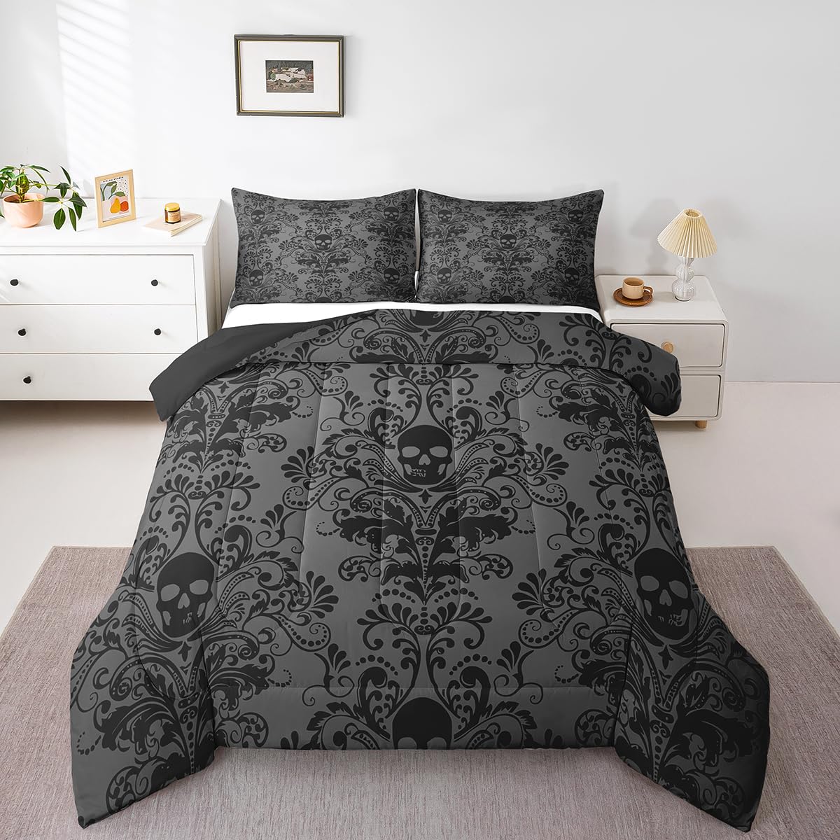 Adults Black Damask Bedding Set Antique Victorian Baroque Comforter Set King Size Gothic Vintage Floral Quilt Exotic Sugar Skull Duvet Insert King,Gothic Bone Skeleton Bohemian Decor,Grey