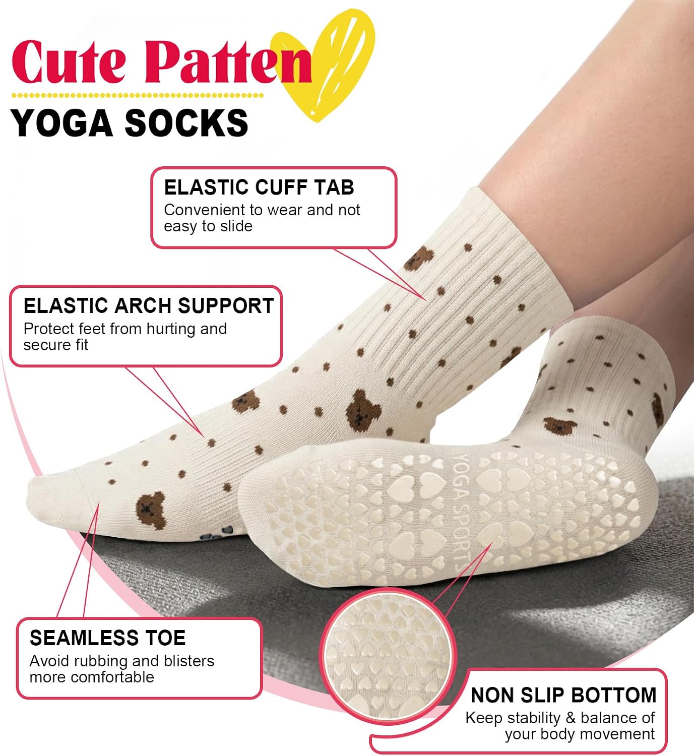 yeuG Pilates Socks for Women Grip Socks Non Slip Yoga Sock with Grippers for Barre, Hospital, Ballet, Dance, Barefoot Workout