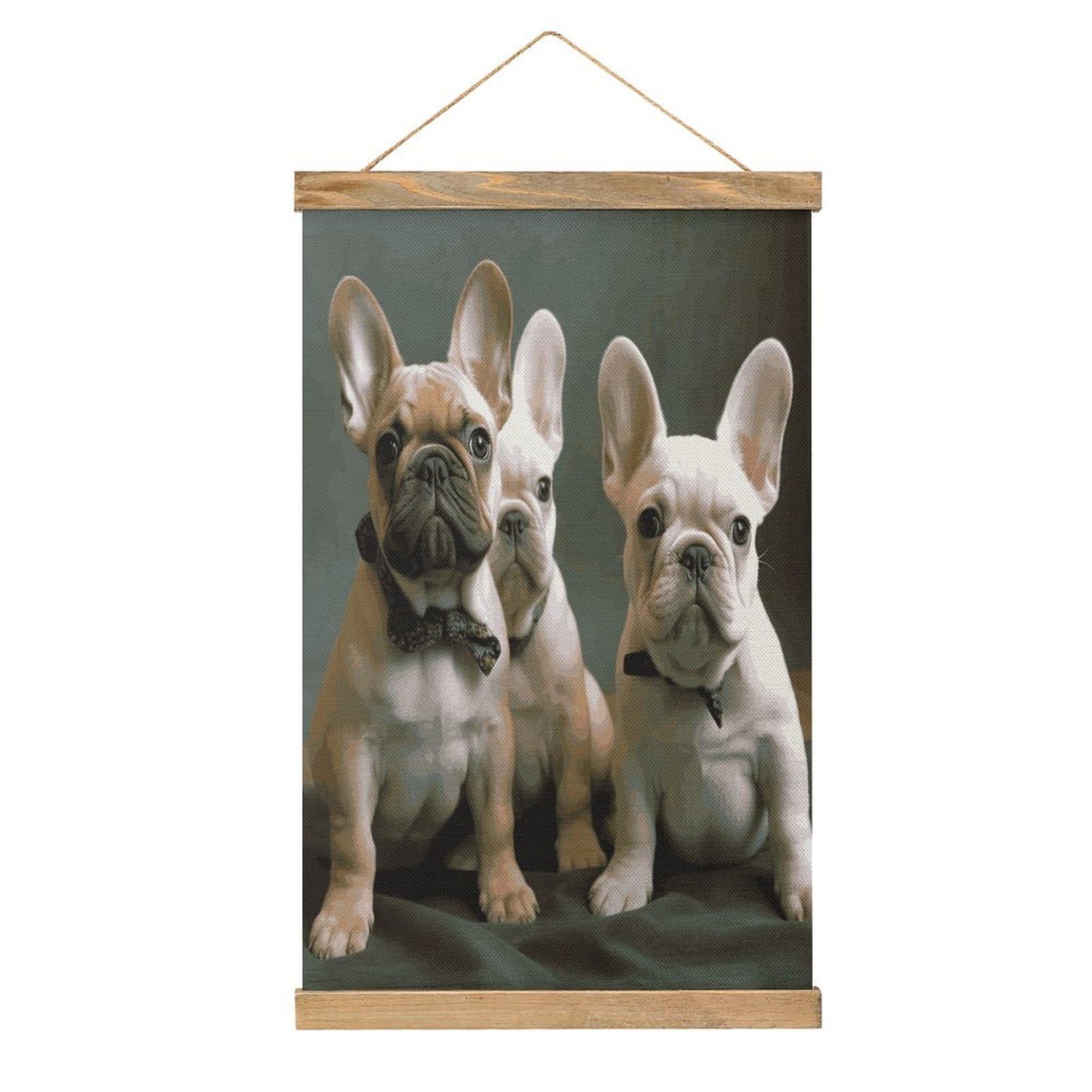 JTREHY French Bulldog Puppies Linen Hanging Painting Vintage Poster Wall Art Prints Personality Style Wall Hanging Poster for Living Room Office Bedroom Decor Frame 13.2 X 20.47 Inch