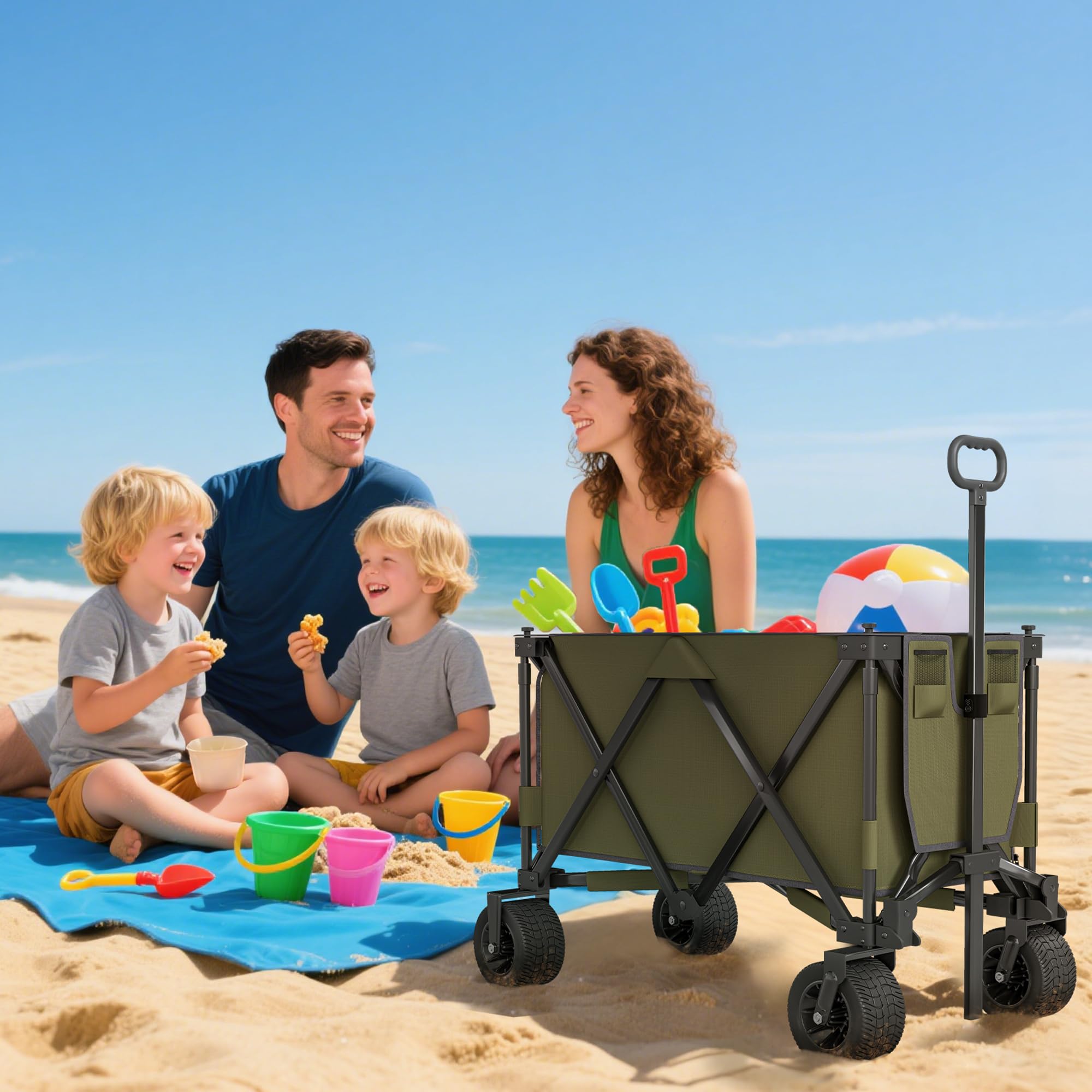 Outsunny Bollerwagen Faltbarer Handwagen mit Verstellbarem Griff Grün | Schwerlast Strandwagen, Taschen, Gartenwagen mit Breiten Drehrädern, Transportwagen bis 120 kg Belastbar