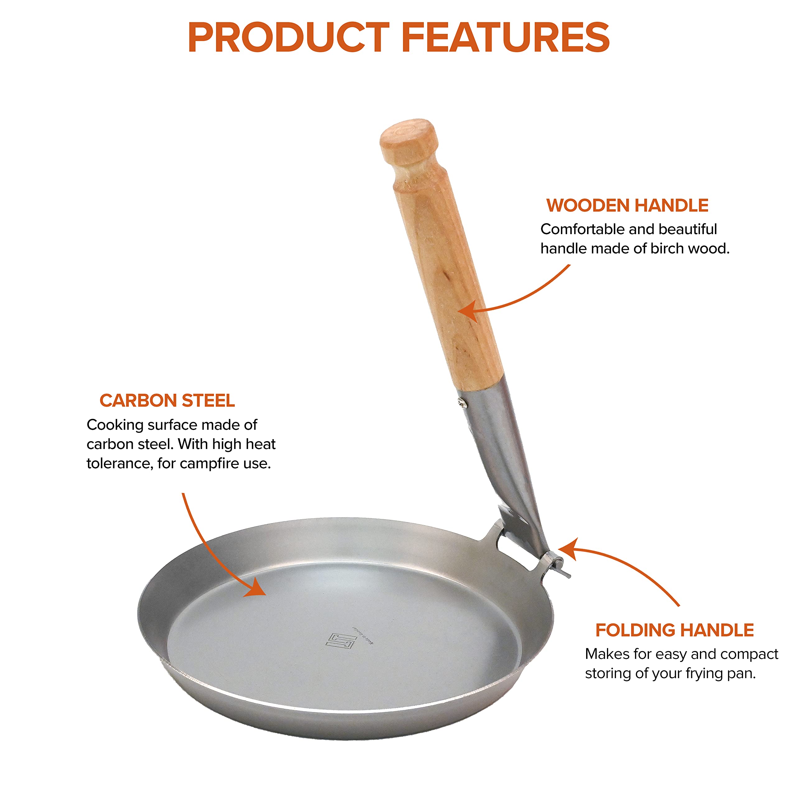 Stabilotherm JÄGARSTEKPANNA Poêle à frire originale en acier au carbone avec poignée pliable en bouleau pour cuisine extérieure, intérieur, camping, voyage