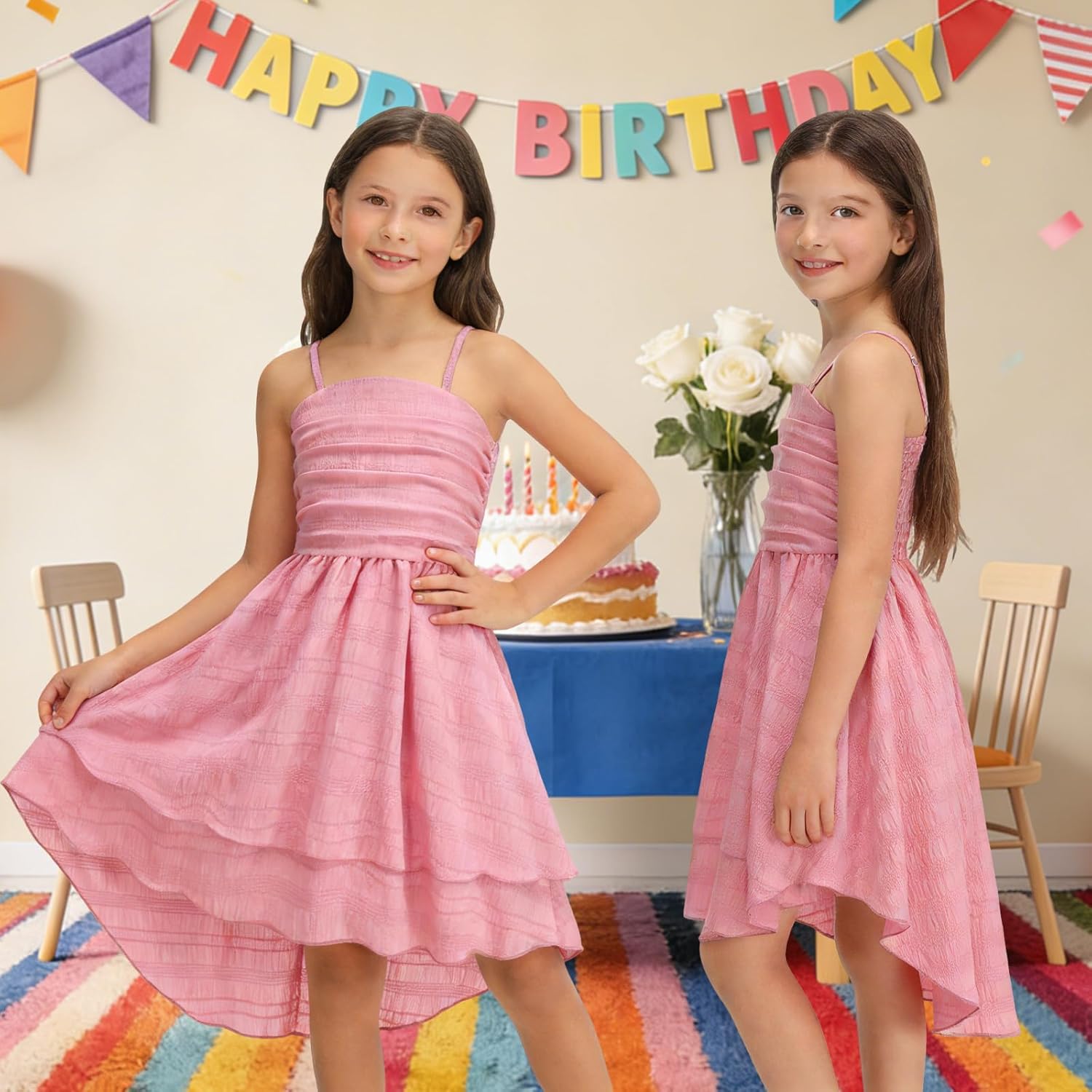 Girls Dresses Smocked Ruched Flowy Cami Dress High Low Layered Semi Formal Summer Dress 6-12Y - Image 7