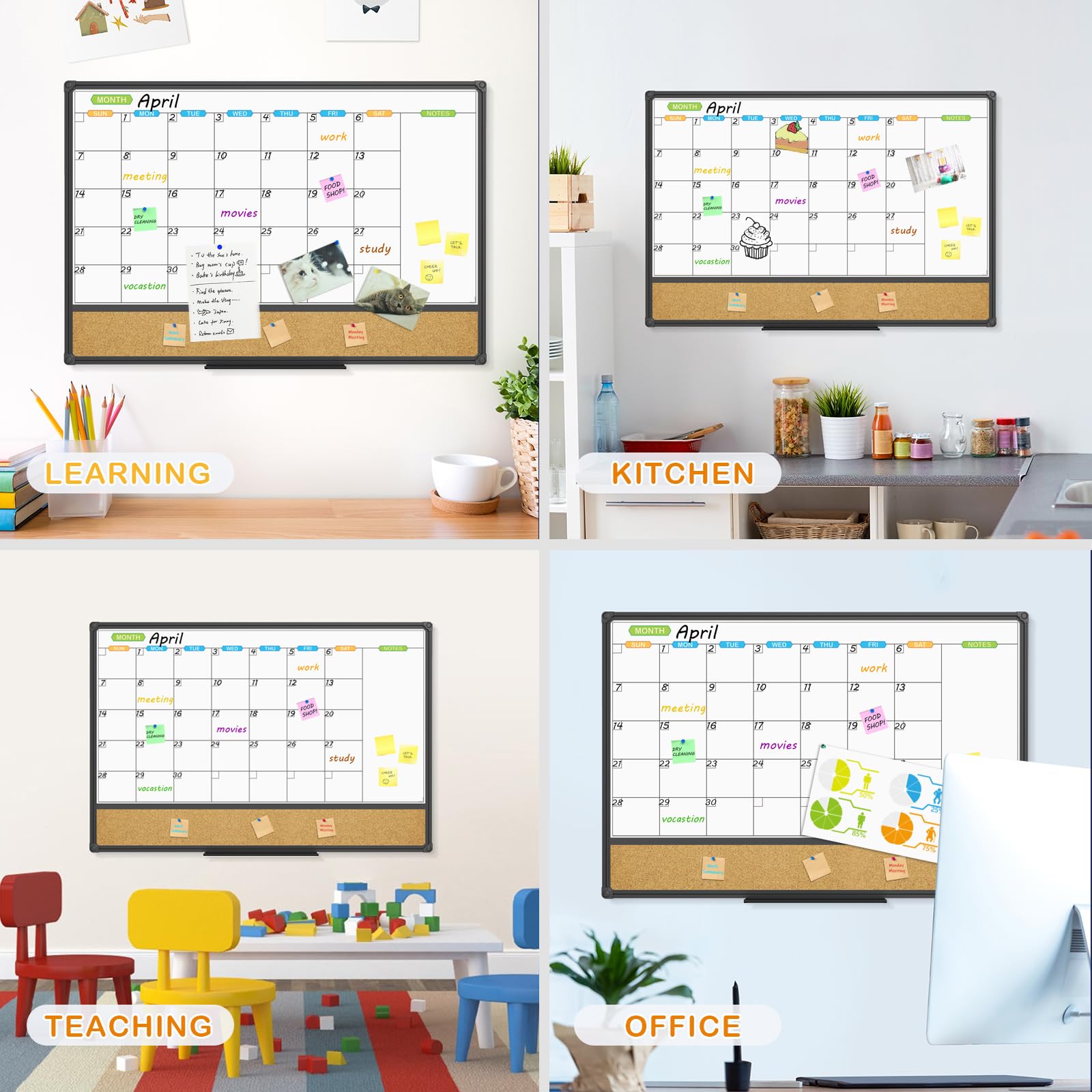 JILoffice Pizarra magnética con calendario blanco y tablón de corcho para anuncios, tablero combinado de 36 x 24 pulgadas, marco de aluminio negro, tablero montado en la pared para oficina, hogar y