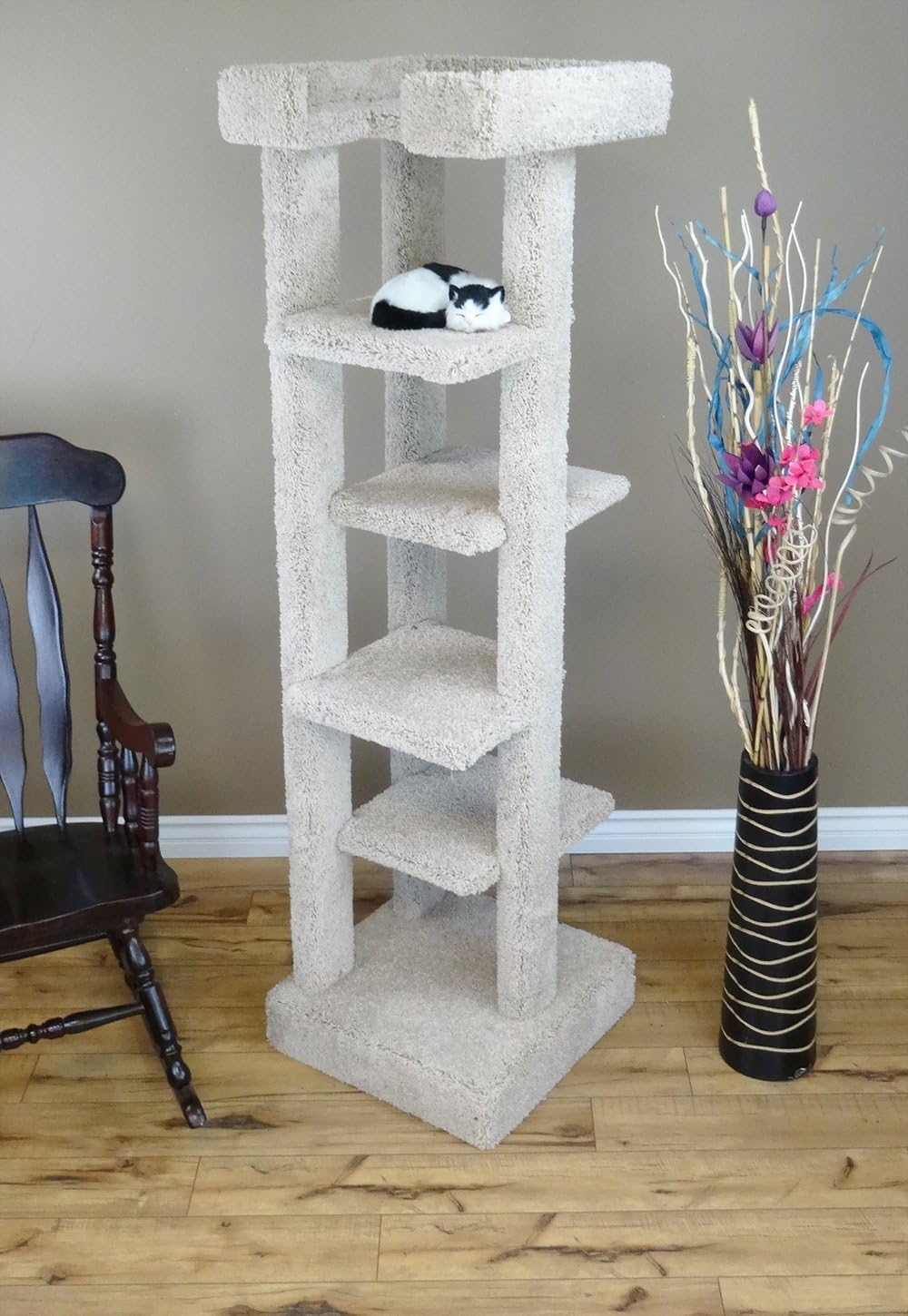 New Cat Condos Solid Wood 5 Level Cat Tree Tower, Beige, Large