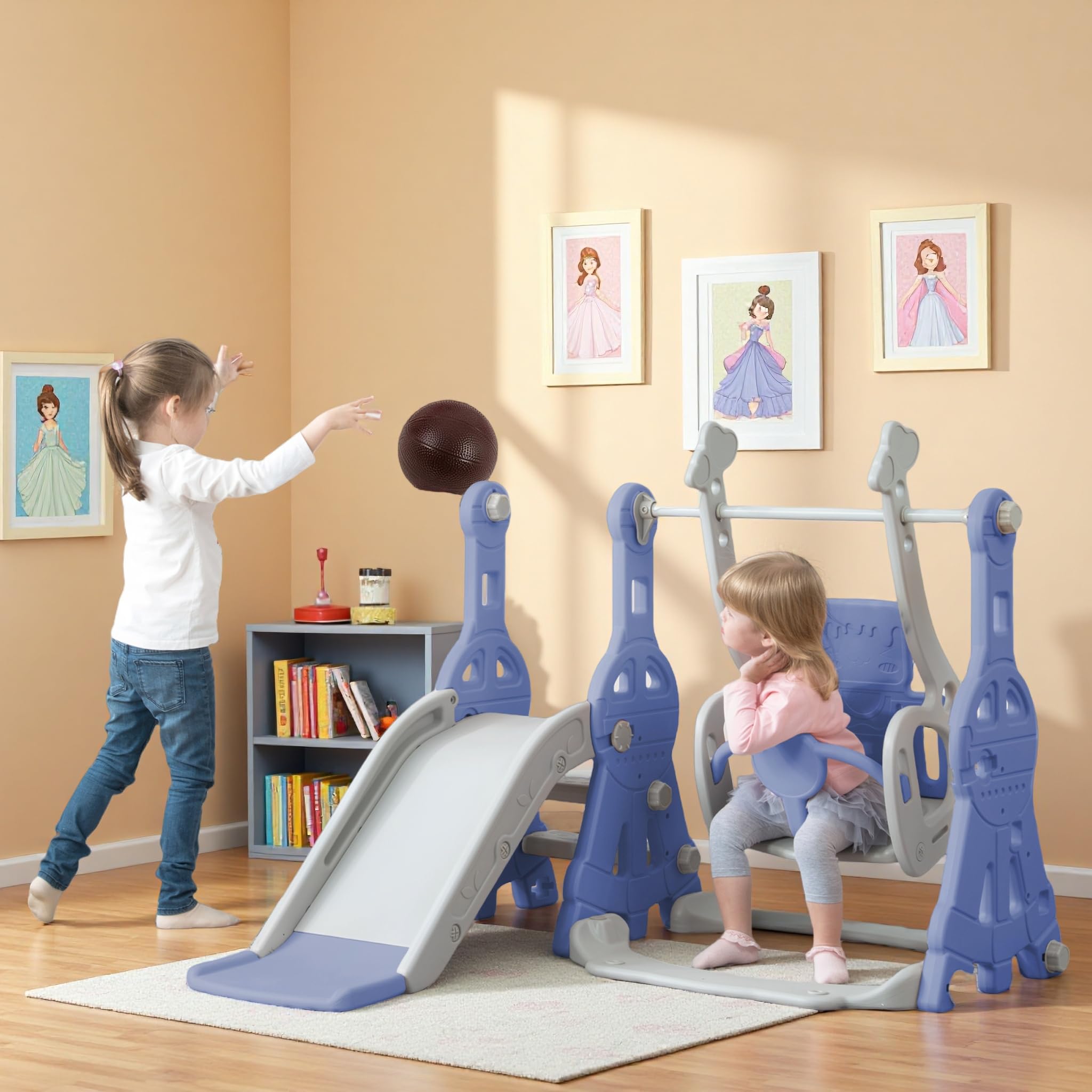 Kinder Rutsche 4 in 1 für Indoor Outdoor mit Basketballständer Kletterleiter Schaukel Blau