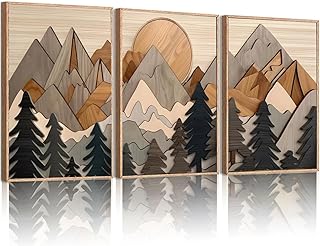 Set of 3 Mountain Wall Art Large Forest Wall Decor Woodcut Wooden Landscape canvas posters Nature Wilderness Art Prints Abstract Landscape Painting for Living Room Bedroom Office Unframed 12x16in