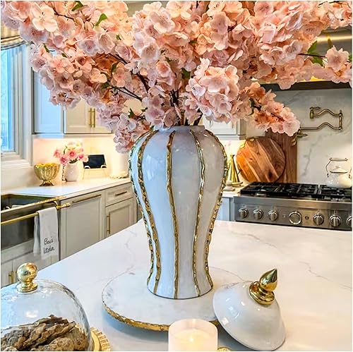Miniatura 1 de Jarrón de jengibre, florero de cerámica blanca con borde dorado, moderno jarrón decorativo hecho a mano para bodas, hogar, oficina, mesa, sala de