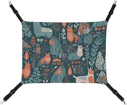 Hanging Pet Hammock, Scandinavian Animals Printed Soft Breathable Pet Hammock with Adjustable Straps and Metal Hooks for Cats Small Dogs Rabbits Sugar Gliders