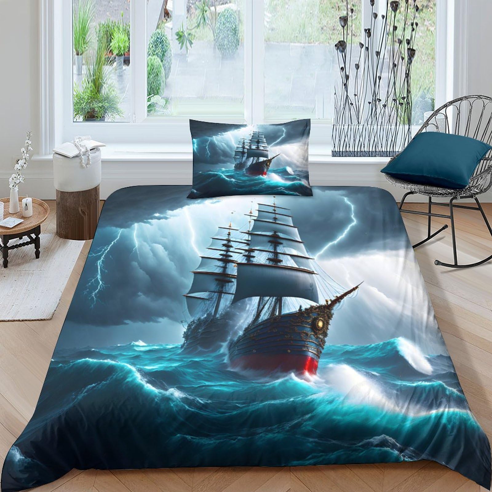 Funda de edredón de microfibra sin arrugas con estampado de mar y barcos 3D
