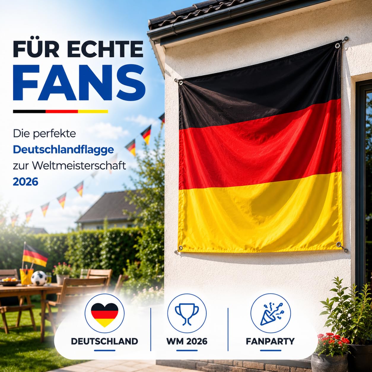 Banderas de Alemania (150 x 90 cm) en negro, rojo y oro, con ojales para colgar, ideal para la Copa del Mundo 2026, incluye 1 planificador de partidos A3.
