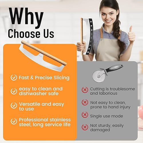 Miniatura 7 de Cortador de pizza con asas de madera y cubierta protectora de acero inoxidable afilado de 16 pulgadas, cortador de cuchillos de pizza grande para