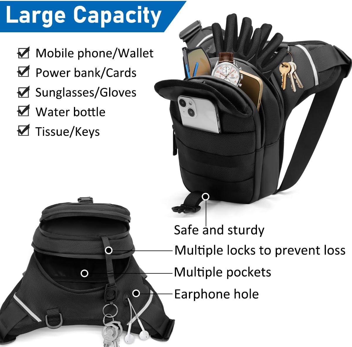Leg Bag for Men and Women Motorcycle Waist Thigh Bag Bicycle Leg Pack Tactical Military Drop Leg Pack Pouch (Black) - Image 2