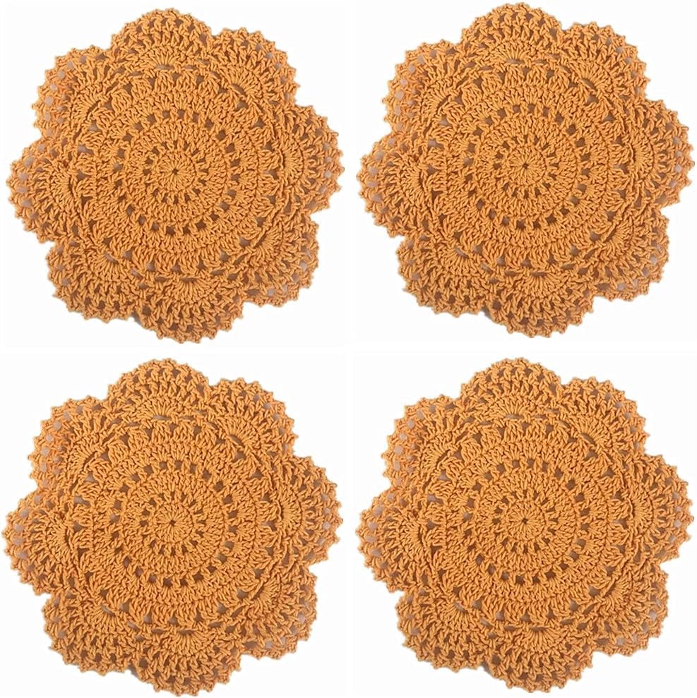 Ssamall Crochet Cotton Lace Table Placemats Doilies 4 Pack 17.8cm (Orange)