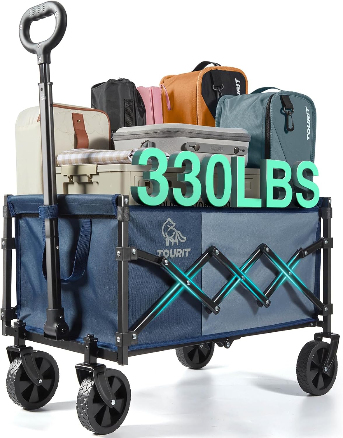 TOURIT Foldable Collapsible Wagon with All Terrain Wheels, Heavy Duty Portable Cart for Camping Beach Shopping, 330 lbs Capacity Utility Cart, Grayish Blue